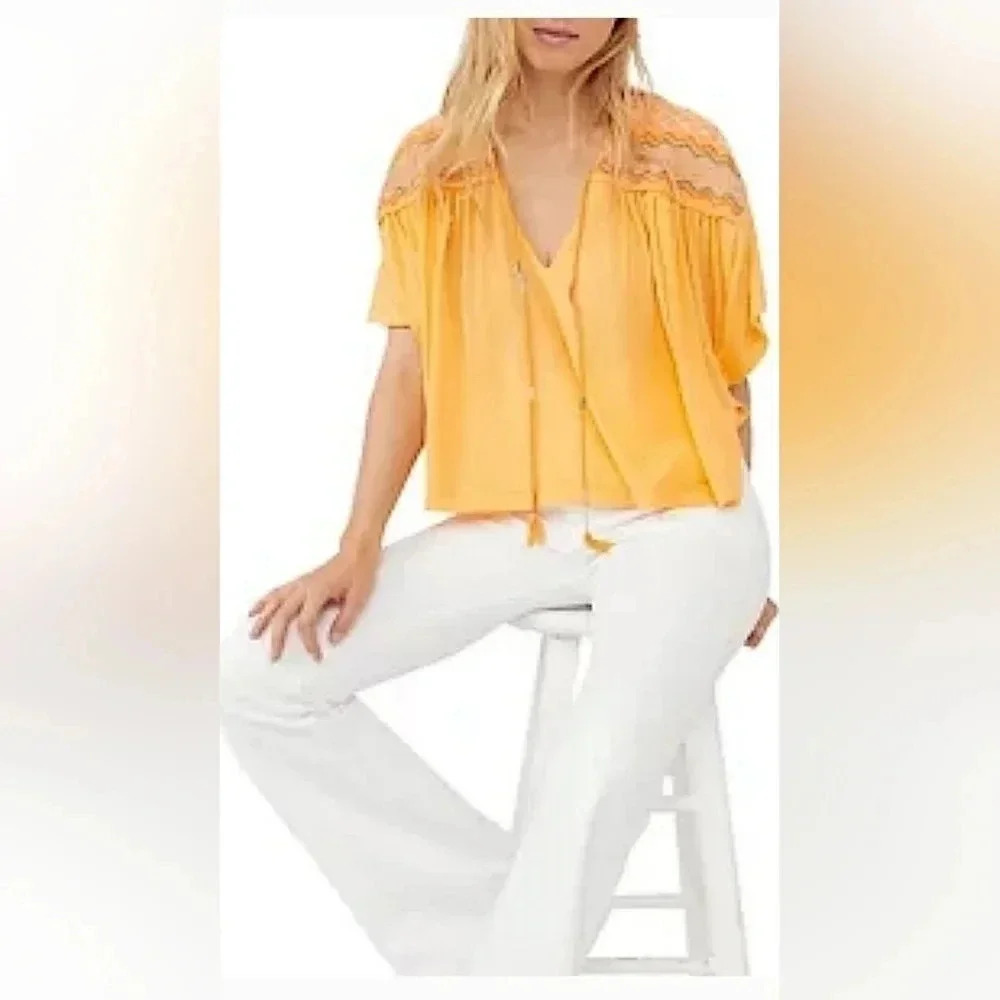 Free People Market Embroidered V-NeckTop in Carrot Ginger Small Festival Boho